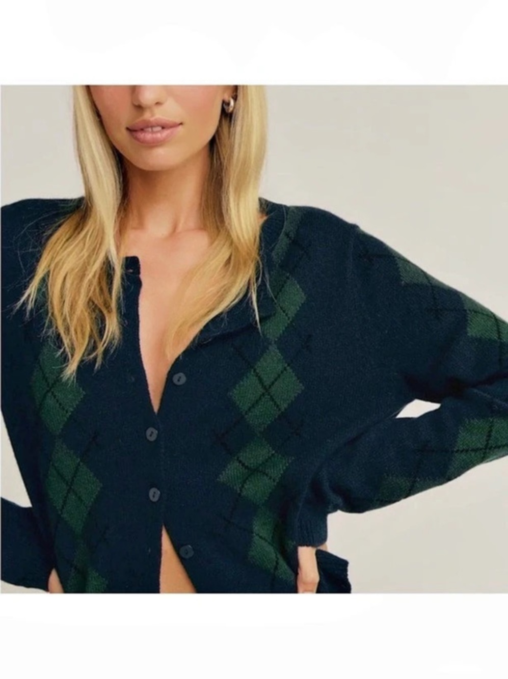 Reformation Clara Cashmere Crew Cardigan Blue & Green